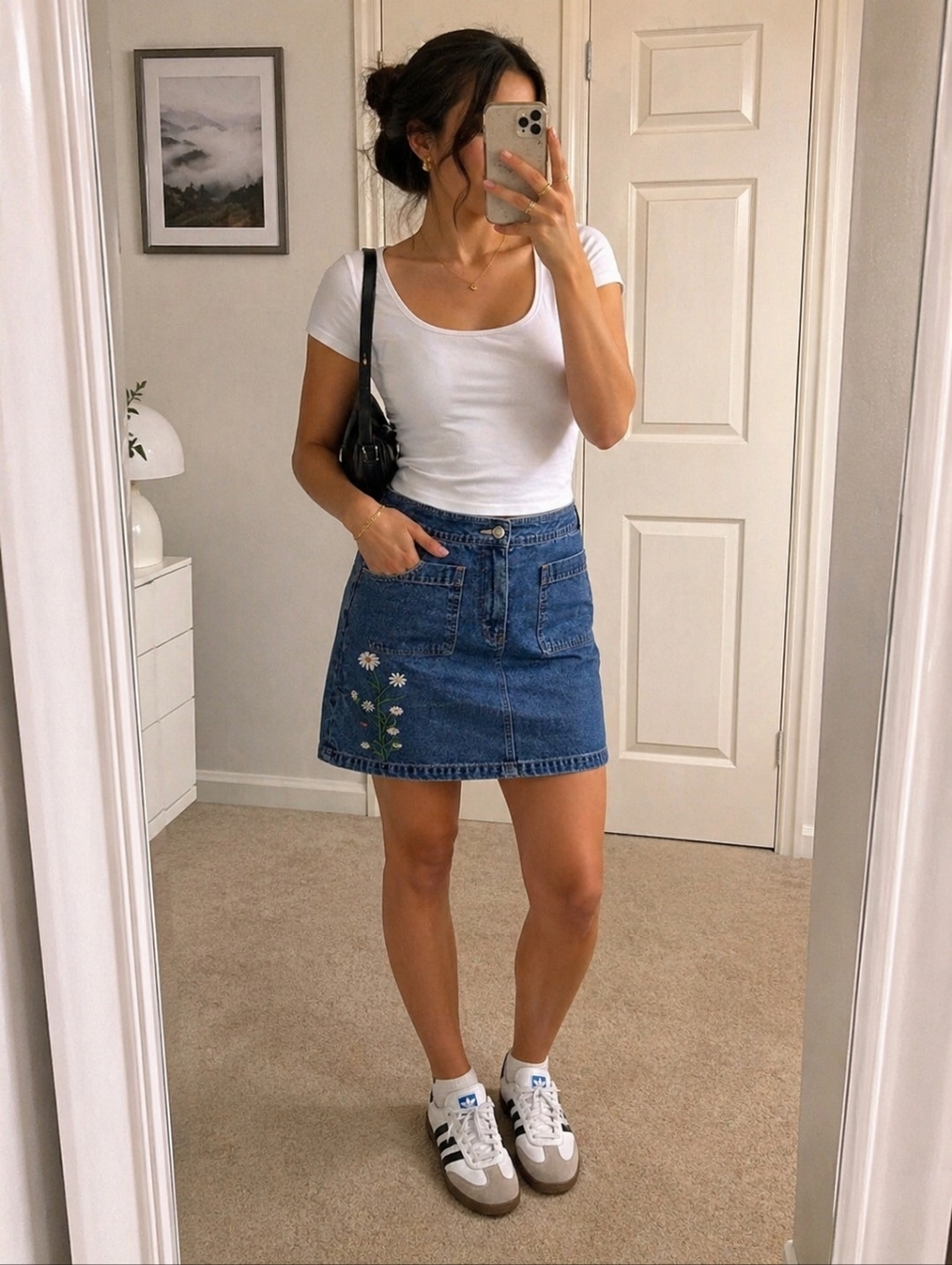 Calvin Klein Denim Skirt with Floral Embroidery